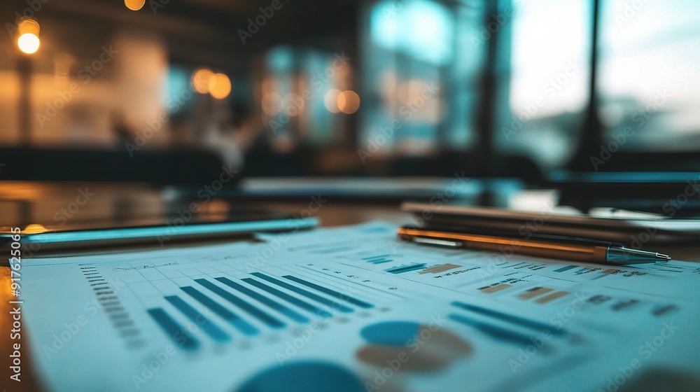Aufkleber close-up on a graph: a close-up shot of a graph with a pen and smartphone on a table in a modern off