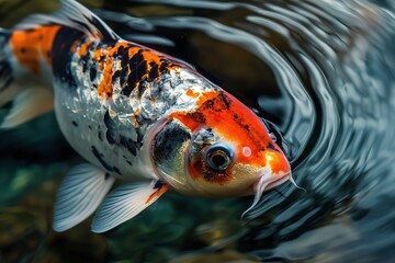 Close-up of a colorful koi fish swimming in a pond, with water ripples.