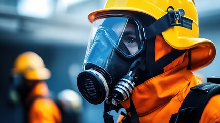 Naklejka premium Ready for Action: A determined firefighter in full gear, including a respirator mask, stands ready to combat danger, embodying courage and resilience. 