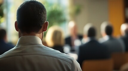 The Weight of Attention: A businessman's perspective, facing a captivated audience, evokes the anticipation and significance of his impending address. 