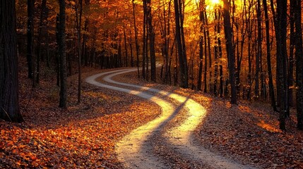 Fototapeta premium Enchanted Autumn Journey: Winding Path Through Forest with Fallen Leaves, Trees Forming Archway, Bathed in Soft Sunlight