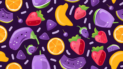 Naklejka premium Seamless Watercolor Flat Lay Composition With Fresh Fruits With Leaves a Vibrant Pattern on a Purple Background Print for Textile, Packaging, Banner, Decor, Wrap, Fashion, Accessories, Web, Social.