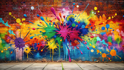 Colorful abstract graffiti paint splatters on a brick wall with sidewalk