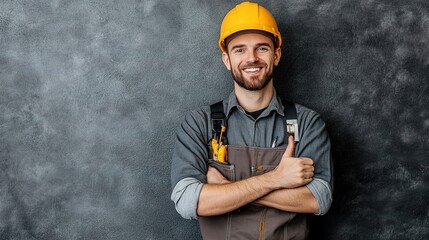 Confident Construction Worker: A smiling construction worker with a yellow hard hat and a thumbs-up gesture, showcasing confidence and expertise in the industry.  
