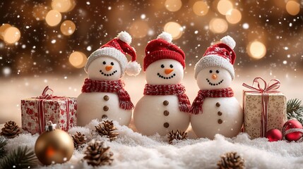 Snowy Smiles of Christmas Cheer: Three adorable snowmen, adorned with Santa hats and scarves, stand amidst festive decorations and glistening snow, embodying the warmth and magic of the holiday season