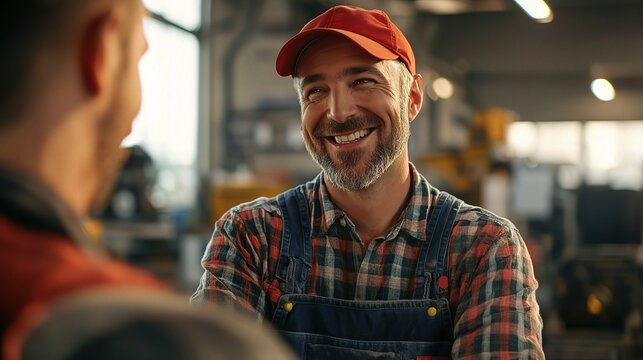 Smiling Mechanic: A friendly mechanic in overalls and a red cap laughs heartily while talking to a coworker in a workshop, showcasing genuine camaraderie and the positive spirit of hard work. 
