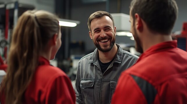 Shared Laughter in the Auto Shop: A mechanic shares a laugh with colleagues, highlighting camaraderie and teamwork in a professional automotive setting. 
