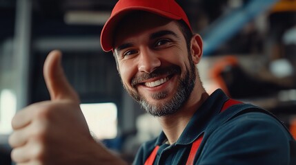 Job Well Done:  A happy mechanic in his workshop gives a thumbs up, radiating satisfaction and expertise. 