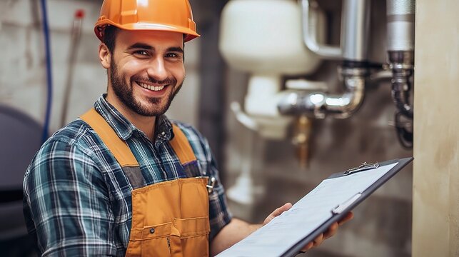 Confident Plumber in a Work Uniform - A friendly plumber in a work uniform and hard hat smiles confidently while holding a clipboard in a maintenance setting. 