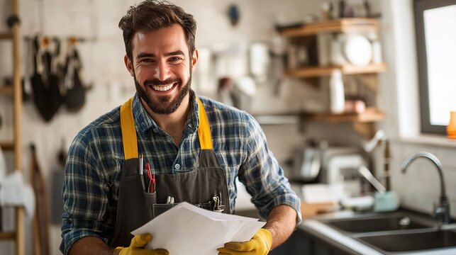 Happy Handyman: A smiling, confident handyman in a plaid shirt and yellow apron holds a stack of papers in his kitchen, ready to tackle any project. 