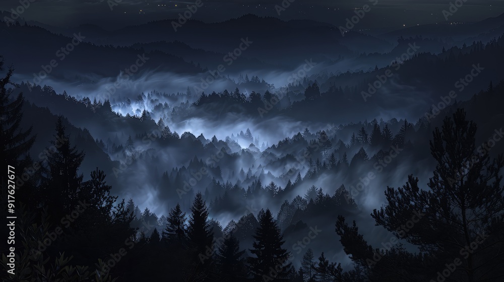 Poster a panoramic view of a dark mountainous region at night, with layers of mist creating a mysterious at