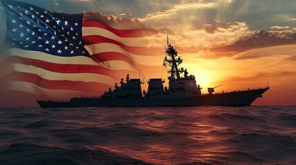  America Navy  Ship on the background of the American flag