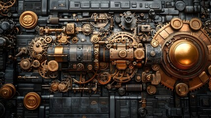Intricate Clockwork Mechanisms Intertwined with Symbols of Wealth and Commerce in a Steampunk Inspired