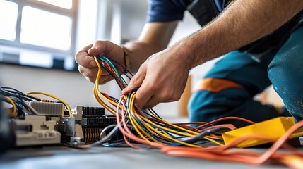 Mastering the Wires: An electrician meticulously connects a network of colorful electrical cables, showcasing the intricate world of electrical work