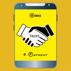 Online Payments Collage.financial trust, handshake icon on phone screen, payment trust Confident shopper securing a transaction,Metaphor composition. Financial transactions and investments, isolated.