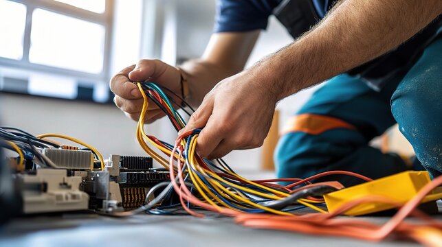 Mastering the Wires: An electrician meticulously connects a network of colorful electrical cables, showcasing the intricate world of electrical work