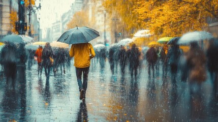 Fototapeta premium walking along the street under a gray umbrella.