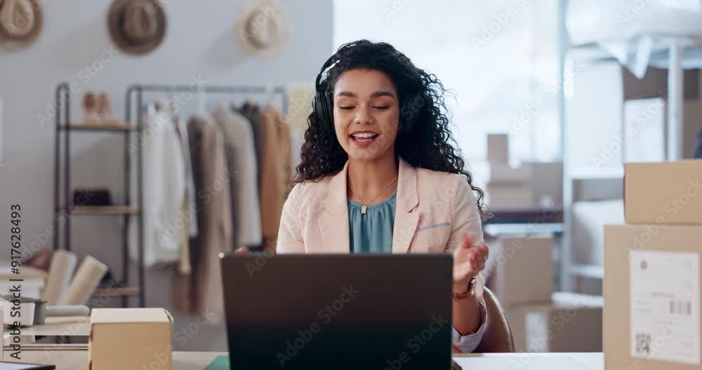 Wall mural Video call, business and woman with a laptop, headphones and boxes with connection, internet and network. Person, ecommerce or consultant with a pc, cardboard or startup with virtual meeting or smile