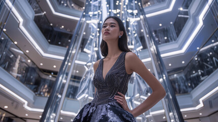 A Chinese woman in an elegant dress poses at the center of a high-end shopping mall