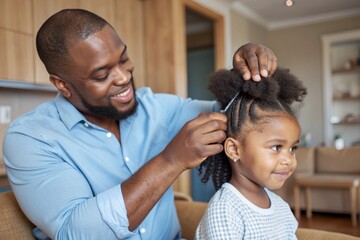 An African American father gently combs his daughter's hair, creating a beautiful hairstyle for her.