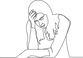 Single line drawing of an upset woman, vector art illustration of a seated woman holding her head because she has a headache.