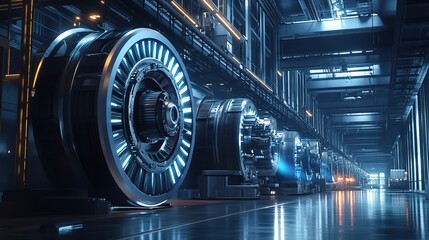 Futuristic Powerhouse: Rows of Sleek Engines Pulse with Blue Energy in a High-Tech Industrial Facility 