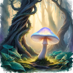 Obraz premium Title: A lone glowing iridescent mushroom with delicate swirl