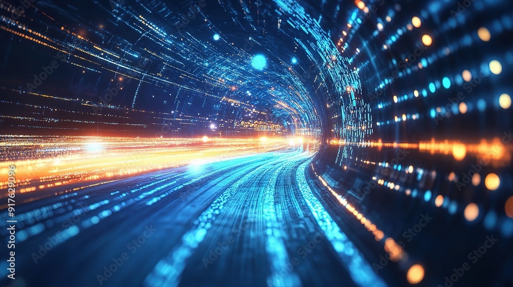 Poster digital highway: a mesmerizing abstract tunnel of glowing blue and orange lights, representing the f