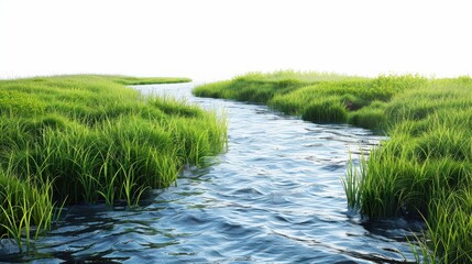 A serene river flows through lush green grasslands, reflecting the beauty of nature in a tranquil landscape.