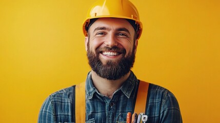 Smiling Construction Worker: A cheerful construction worker with a thick beard and a bright smile, wearing a yellow hard hat and blue overalls, stands confidently against a vibrant yellow background. 