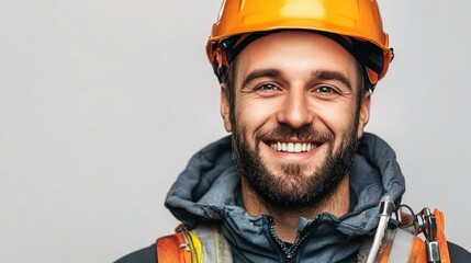 Confident Construction Worker:  A young man in a hard hat and safety gear smiles confidently at the camera, exuding a sense of expertise and reliability.  