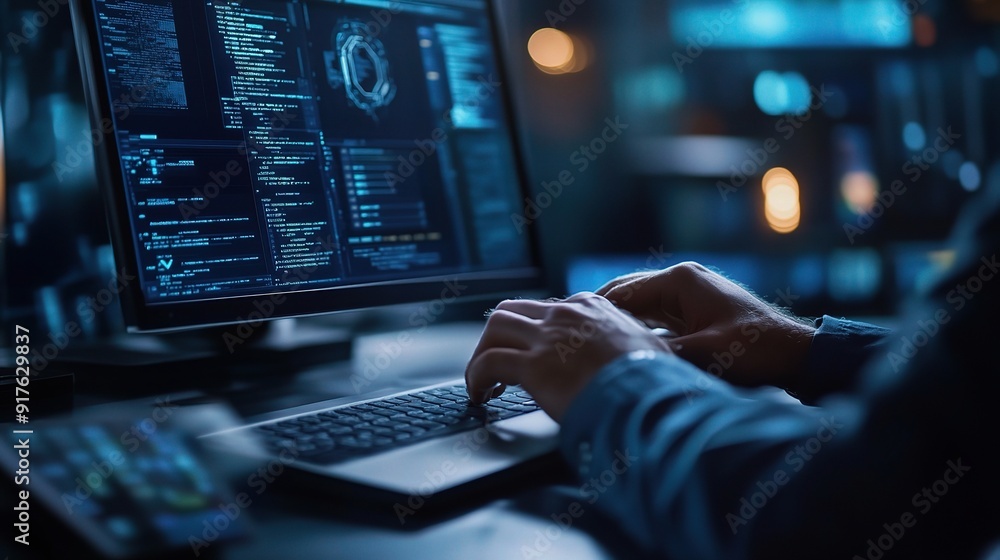 Poster mastering the digital realm: a software engineer's hands fly across the keyboard, illuminated by the
