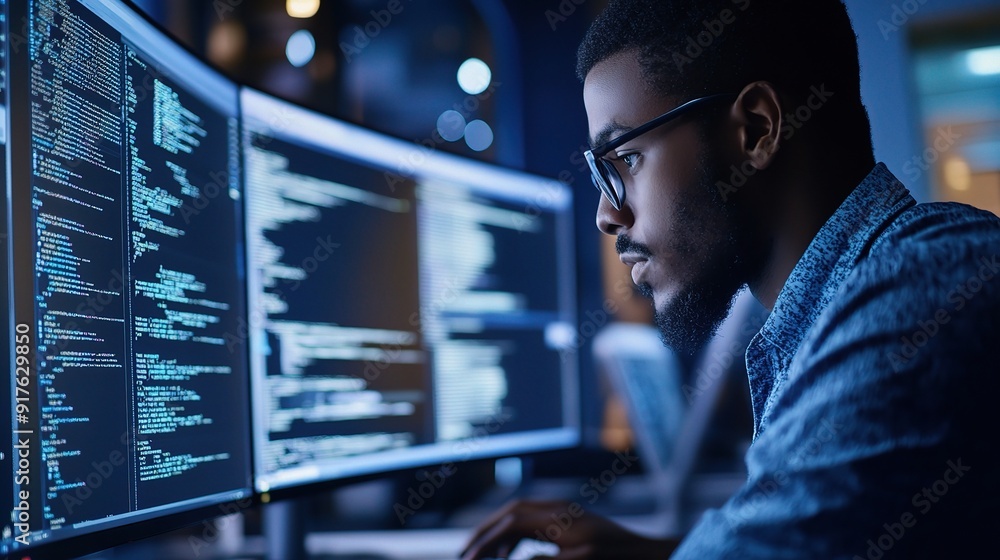 Poster focused on code: a concentrated programmer immersed in a sea of code, eyes fixed on the screen, radi