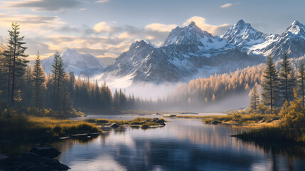 Majestic, snow-capped mountains, serene, high quality, photorealistic, alpine meadows, crystal-clear lakes, untouched wilderness, panoramic, breathtaking, nature's beauty, vibrant