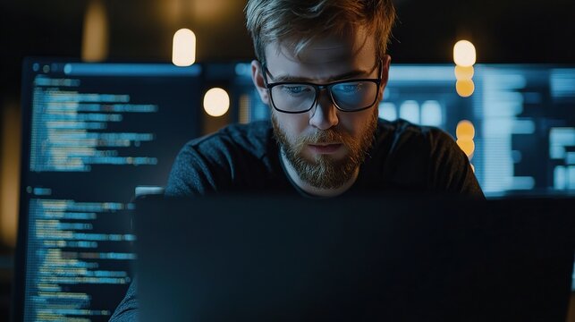 The Dedicated Coder: A focused programmer engrossed in lines of code on his laptop, illuminated by the glow of multiple monitors in a dark room