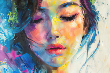 Artistic watercolour portrait of beautiful asian young woman