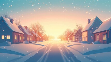 Fototapeta premium Charming winter village at sunrise with snow-covered houses, trees, and a tranquil street creating a picturesque and serene winter landscape.