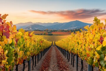 Sunset Over Vineyard Rows with Autumn Colors in a Mountainous Landscape.