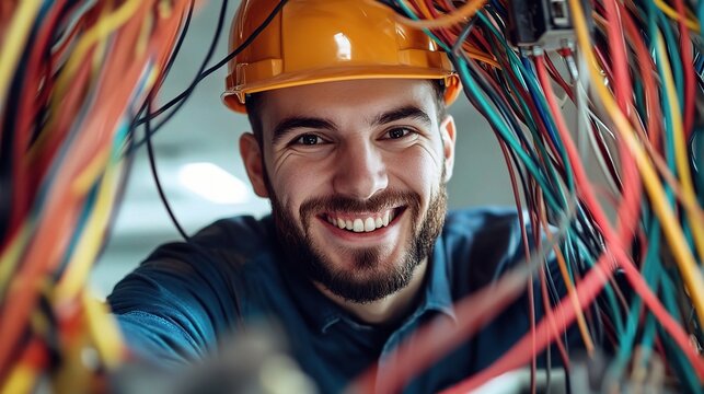 Master of Wires:  A confident electrician smiles from behind a vibrant network of cables, showcasing expertise and job satisfaction in electrical work. 