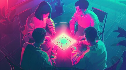 Obraz premium Group of friends enjoying an immersive board game in a neon-lit room, creating a vibrant and engaging atmosphere of fun and competition.