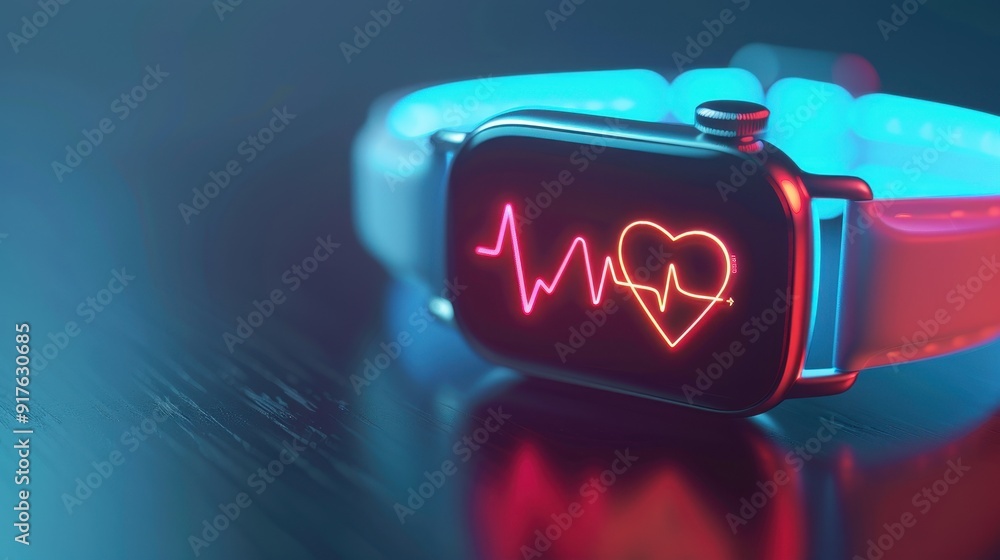 Poster smartwatch displaying a glowing heart rate monitor on a sleek black surface with a reflection, bathe