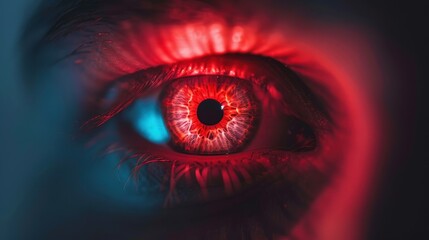 An intriguing close-up of an eye with vibrant red and blue hues, highlighting the intricate textures and depth of the iris.