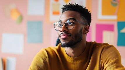 Visionary in the Making: A thoughtful Black man in stylish eyeglasses contemplates his next move amidst a vibrant creative workspace, his gaze filled with ambition and potential. 