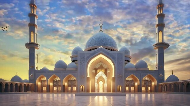 A large mosque building with a spacious and clean yard. Video smooth short 4K