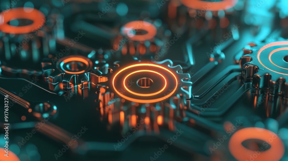 Poster a close-up view of intricate gears and circuits, illuminated with orange light, showcasing the fusio