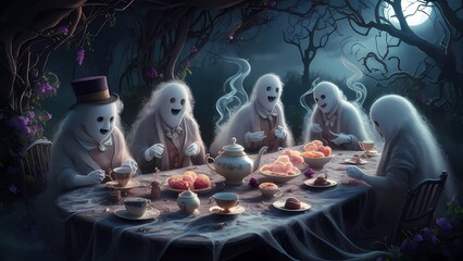 A whimsical ghostly tea party in an overgrown garden, with cobweb-covered tables, vintage tea cups, floating pastries, and friendly ghosts in old-fashioned attire under soft, eerie moonlit shadows