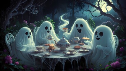 A whimsical ghostly tea party in an overgrown garden, with cobweb-covered tables, vintage tea cups, floating pastries, and friendly ghosts in old-fashioned attire under soft, eerie moonlit shadows