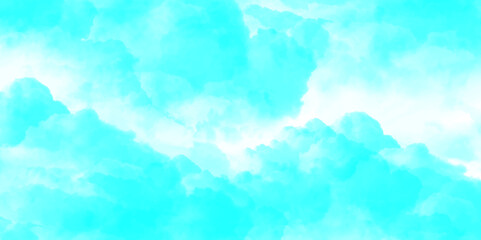 Abstract sky blue and white tones with scattered clouds watercolor background with a soft cloud texture, mix of creating contrast features a beautiful display of clouds in shades of blue sky.