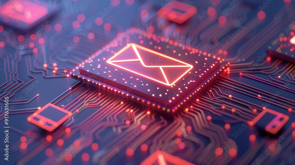 Poster dynamic digital mail icon illuminated on a circuit board, symbolizing communication and technology i