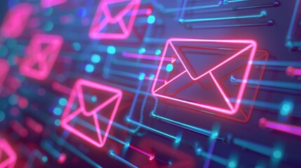 Fototapeta premium Colorful digital background with neon email icons and glowing lines, symbolizing communication technology and modern connectivity.